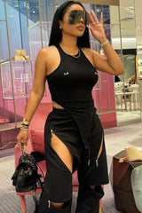 Sexy Crew Neck Cutout 3D Embellished Slim Bodysuit