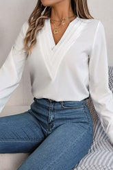 Solid Color Layered V Neck Elegant Long Sleeve Blouse