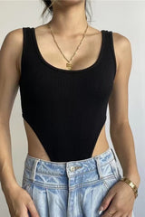 Sexy Slim U Neck High Slit Tank Bodysuit