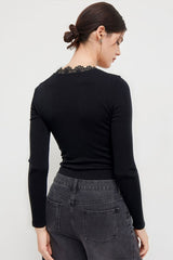 Twist Cutout V Neck Lace Trim Slim Bodysuit