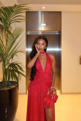 Sleeveless Backless Deep V Sequin Slit Sexy Formal Dress