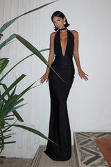 Sexy V Neck Halter Backless Solid Slit Formal Dress