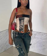 PU Patchwork Zip Button Strapless