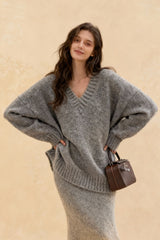 Lazy V-neck Knit Sweater Mermaid Skirt Two Piece Set