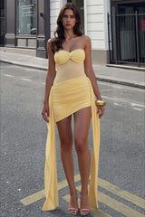 Sexy Strapless Backless Ruched Mesh Paneled Party Dress