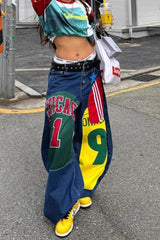 Graphic Patch Wide Leg Floor Length Trendy Hip Hop Jeans