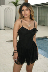 Sexy Solid V Neck Ruffled Lace Dress