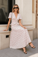 Elegant Puff Sleeve V Neck Slim Waist Long Floral Dress