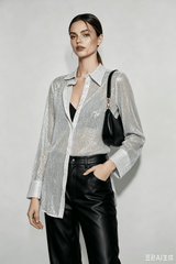 Sequin Collared Long Sleeve Glamorous Blouse