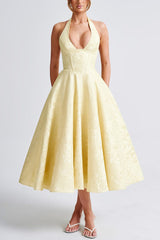 Elegant V Neck Halter Jacquard Sleeveless Backless Formal Dress