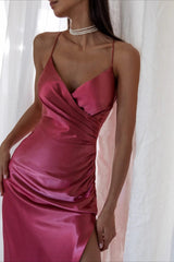 Ruched Satin Bodycon Spaghetti Strap Split V Neck Formal Dress