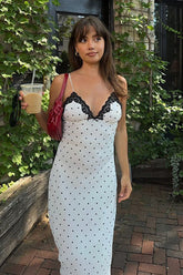 Vintage Polka Dot Lace V-Neck Bodycon Maxi Dress