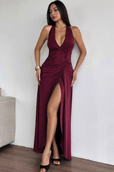 Sexy Deep V Backless Halter Ruched Formal Dress