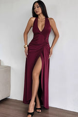 Sexy Deep V Backless Halter Ruched Formal Dress