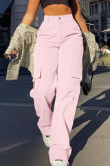 Street Style High Waist Multi Pocket Cargo Straight Loose Pants