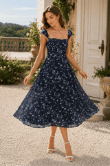 Elegant Vintage Slim Strap Printed Floral Dress