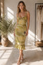 V Neck Ruched Ruffle Floral Print Midi Dress