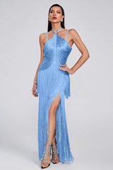 Sexy Halter Sling Maxi Fringe Hem Cocktail Dress