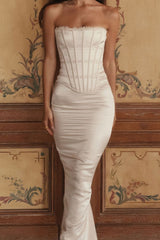 Elegant White Strapless Tie Satin Slim Bodycon Formal Dress