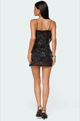 Chiffon Mini Beaded Ruffled Side-Seam Sequin Dress