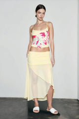 Floral Print Slim Camisole Low Rise Mesh Skirt Vacation Set