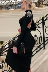 Elegant Mock Neck Long Sleeve Solid High Waist Rhinestone Split Formal Dress