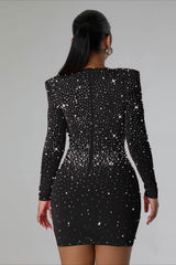 Sexy Rhinestone Stretch Bodycon Long Sleeve Cocktail Dress