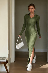 Solid Ribbed Knit Split Thigh Dress