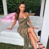 Snake Print Slit Sheer Midi Dress