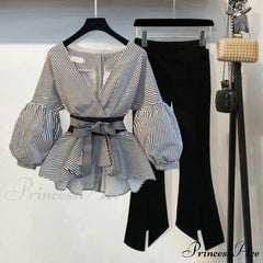 Spring Women's Bow Pants Lantern Flare Black + Striped Split Warm-Season Blouse Arm Arm Set