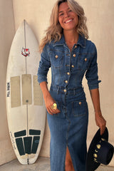 Fashionable Button-Up Long Sleeve Denim Dress