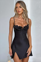 Lace Trim Tie Back Satin Mini Dress