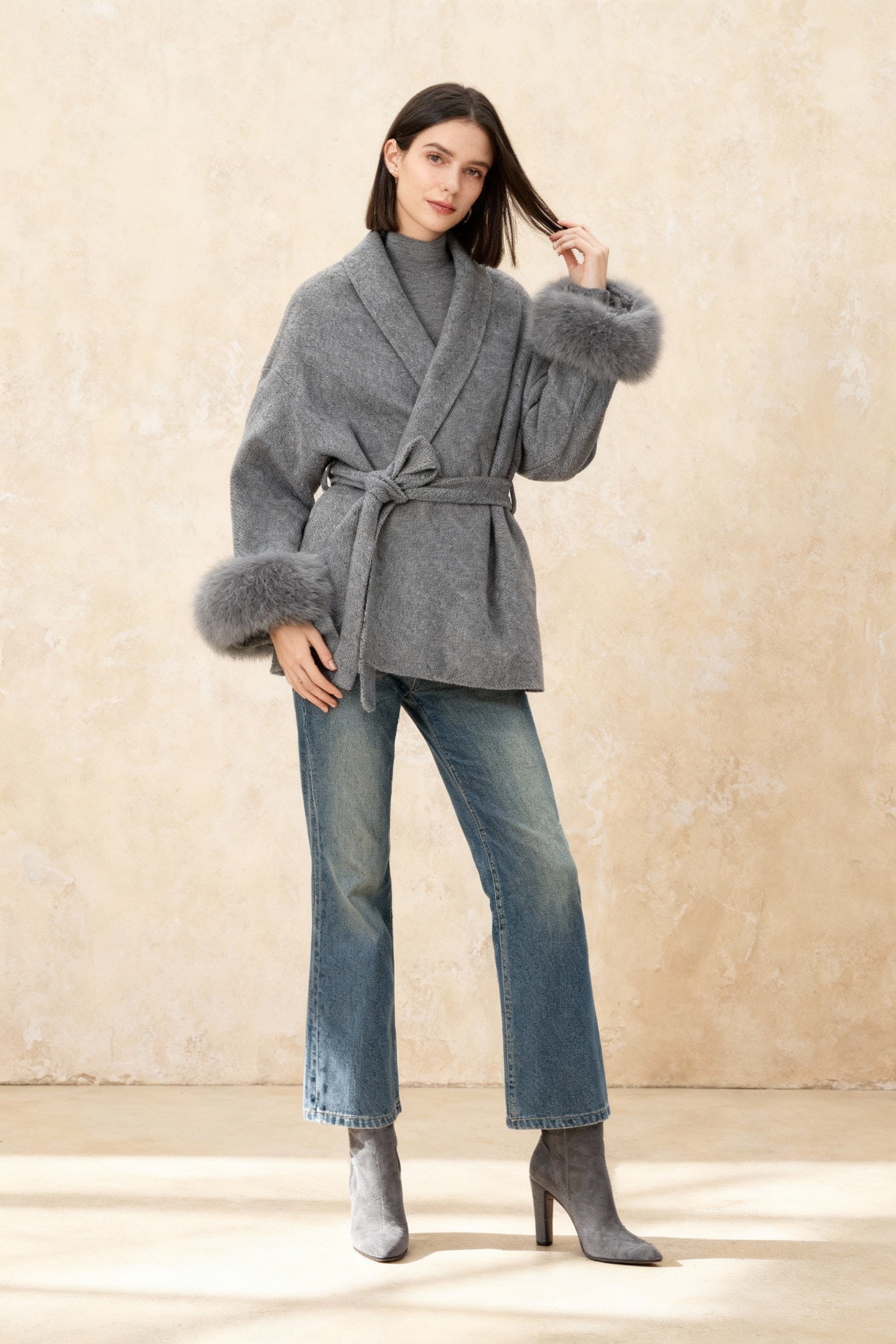 Cashmere Coat With Fur Cuffs Fox Fur Overcoat Main image