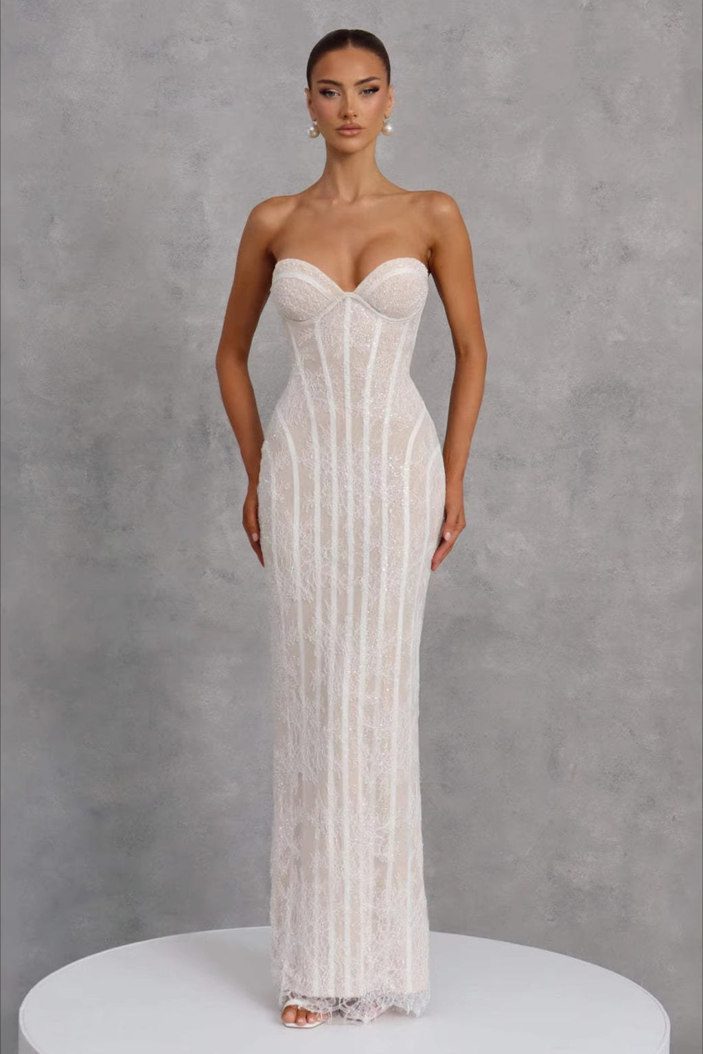 Lace Trim Strapless Cami Fit Floor Lace Dress