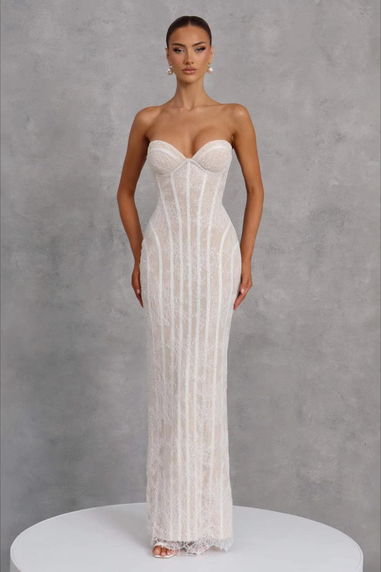 Lace Trim Strapless Cami Fit Floor Lace Dress