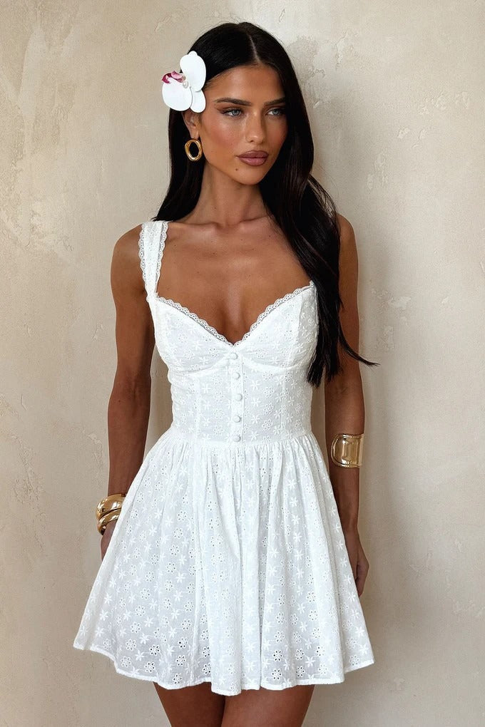 Lace Trim Printed Cami Fit Mini Lace Dress