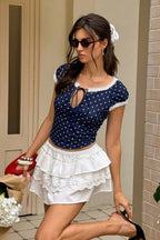 Navy Polka Dot Lace Trim Fitted Crop Top