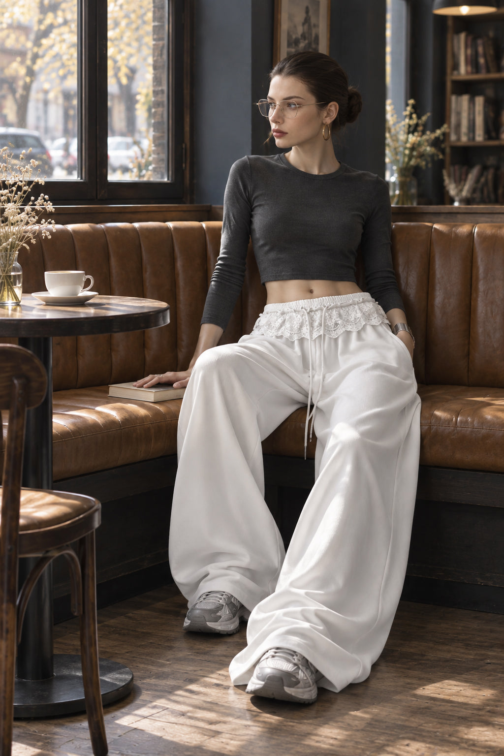 Lace Waist Wide Leg Sweat Pants