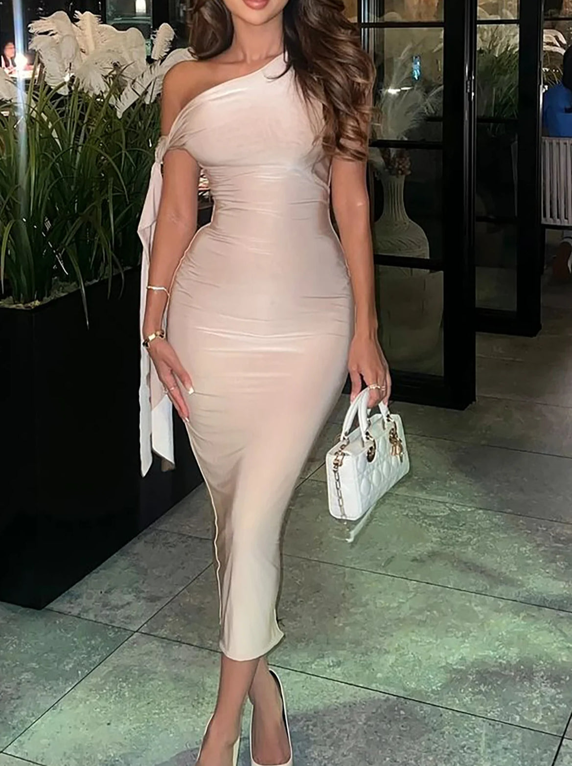 Lace Up Diagonal Collar Midi Dress Main image