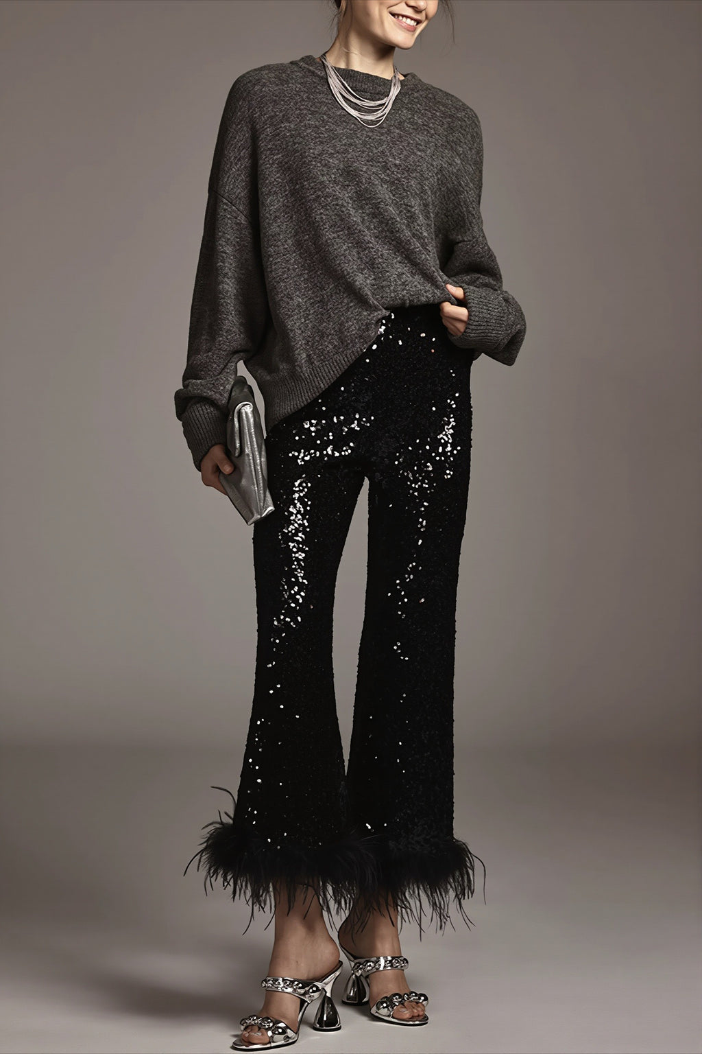 Sequin Feather Trim Flare Leg Pants