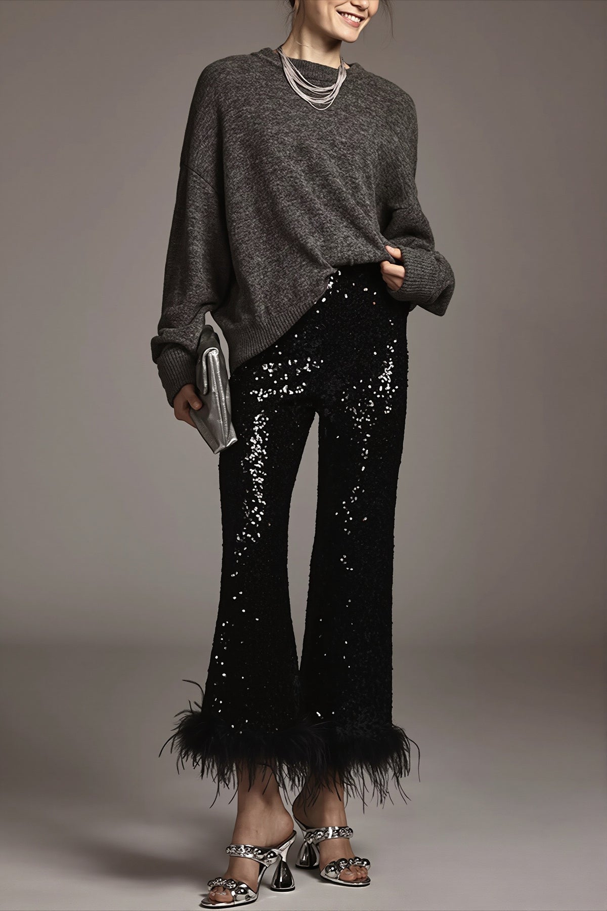 Sequin Feather Trim Flare Leg Pants