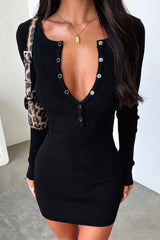 Chic Knit Button Collar Long-Sleeve Bodycon Dress