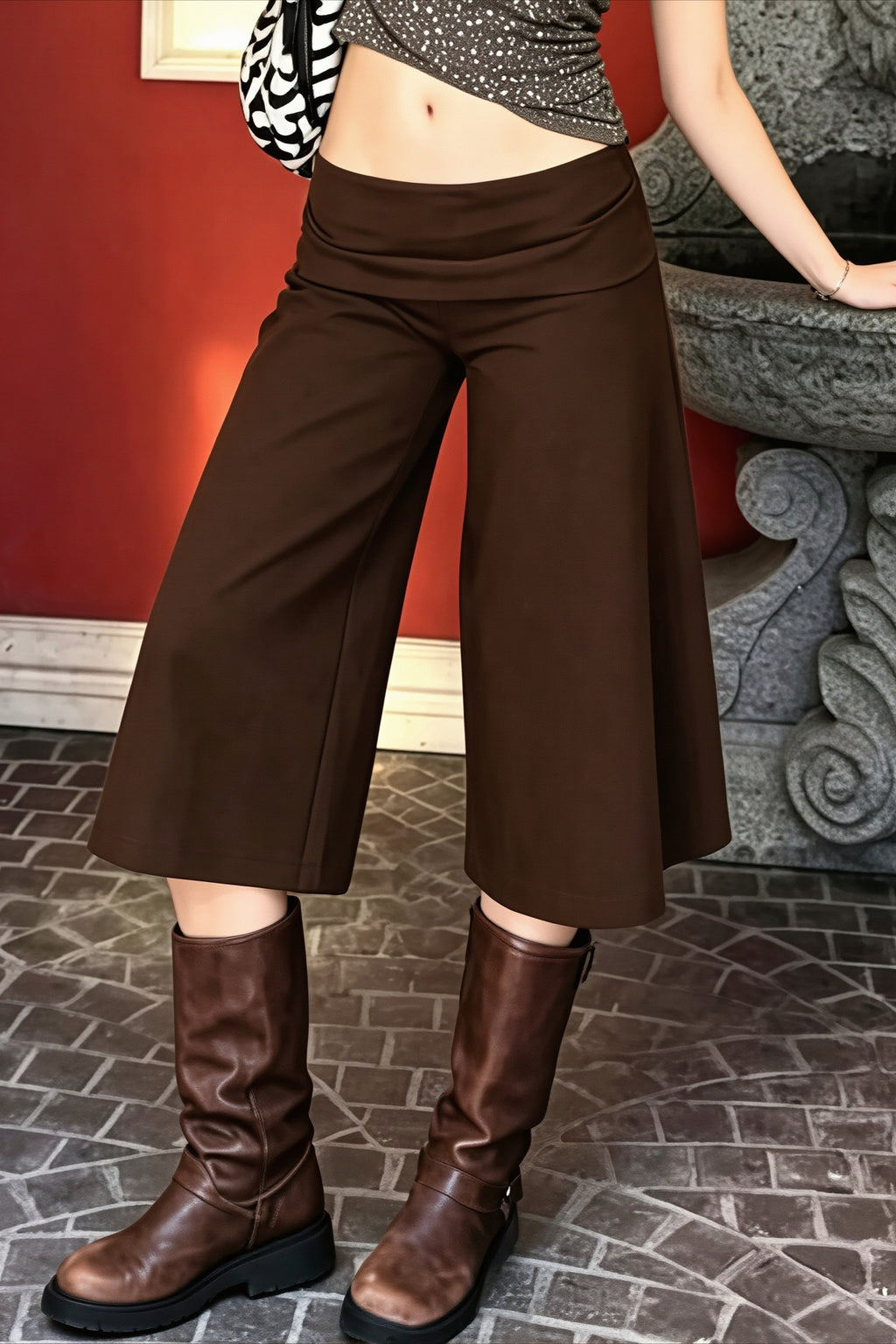 Foldover Waist Cropped Wide Leg Pants