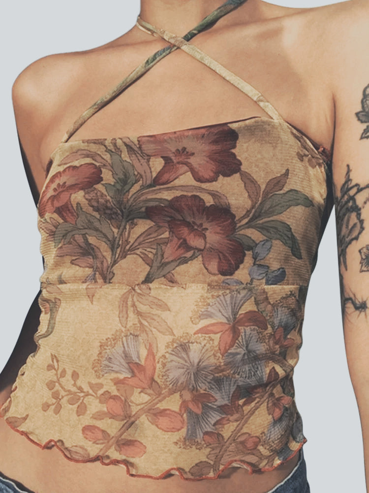 Y2K Mesh Sheer Floral Halter Slim Fit Cami Top Main image