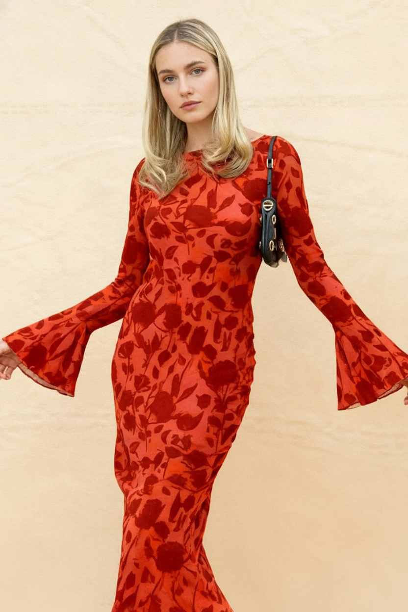 Fashion Print Fitted Crew Neck Maxi Dress Main image