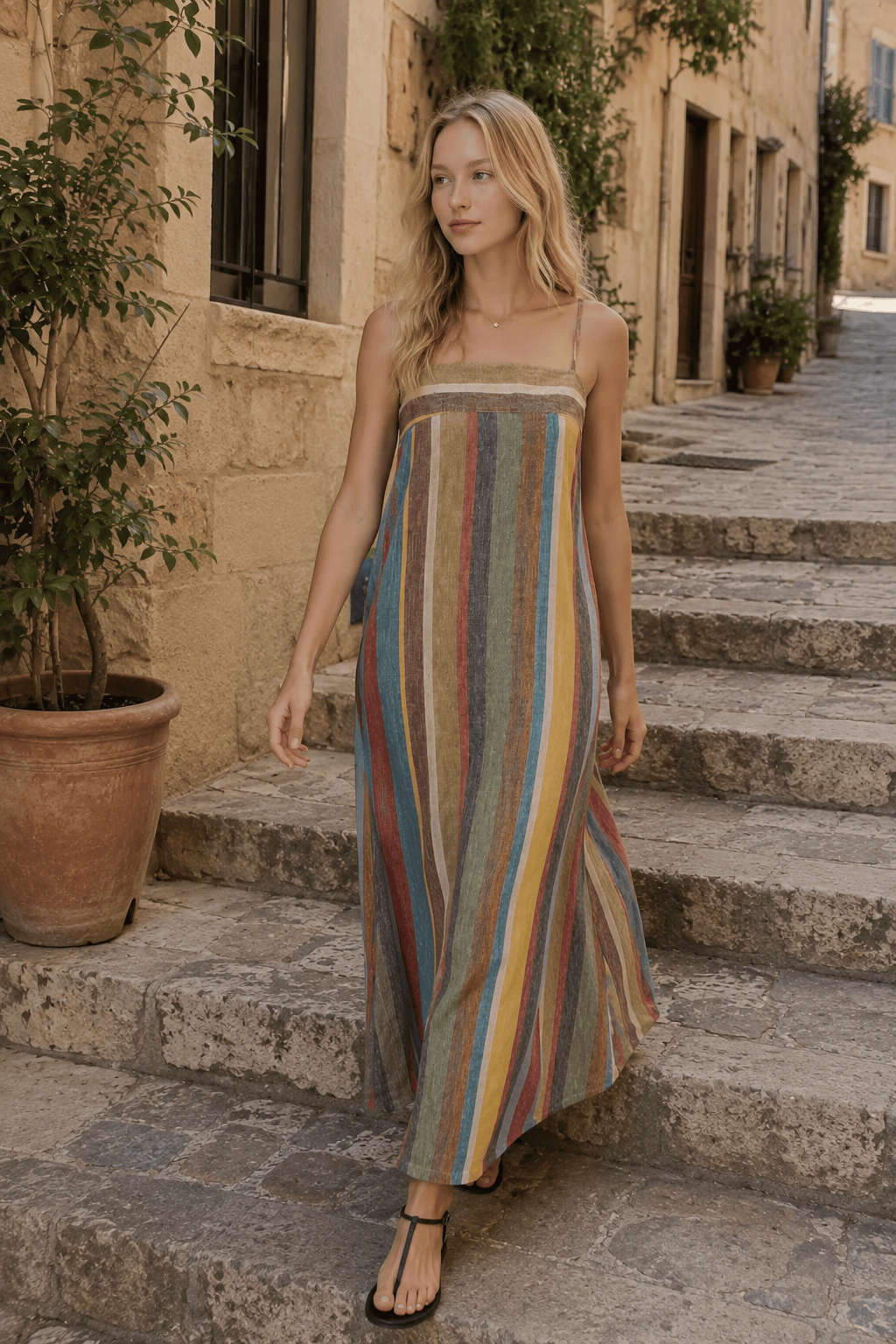 Striped Printed Strap Boho Dress Main image