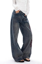 Embroidered Slub Denim Relaxed Straight Jeans