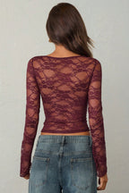 Ruched Bust Floral Lace Long Sleeved T-shirts