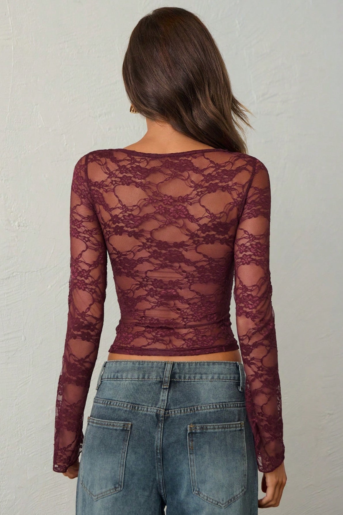 Ruched Bust Floral Lace Long Sleeved T-shirts