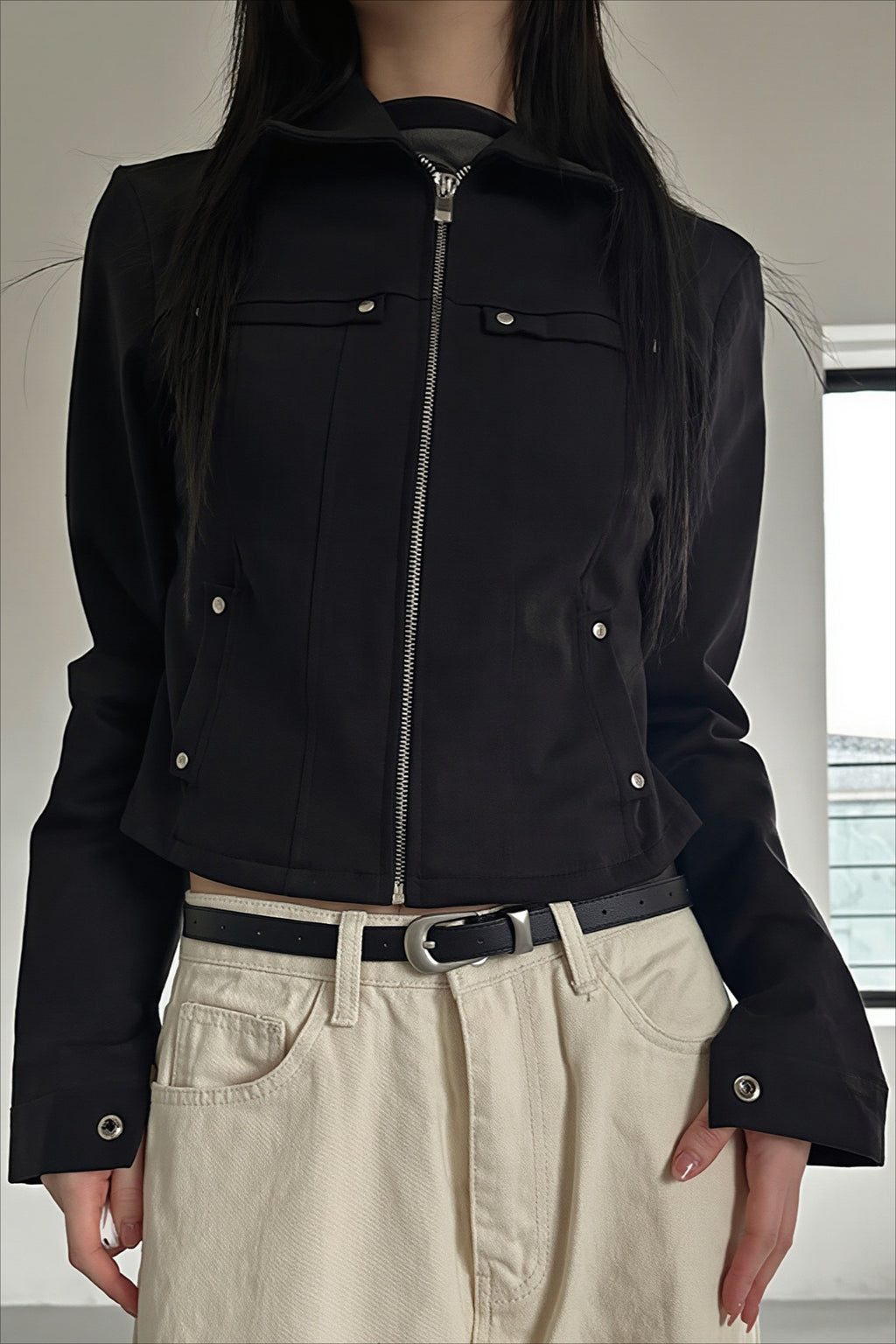 Studded Pocket Fitted Collared Zip Jacket